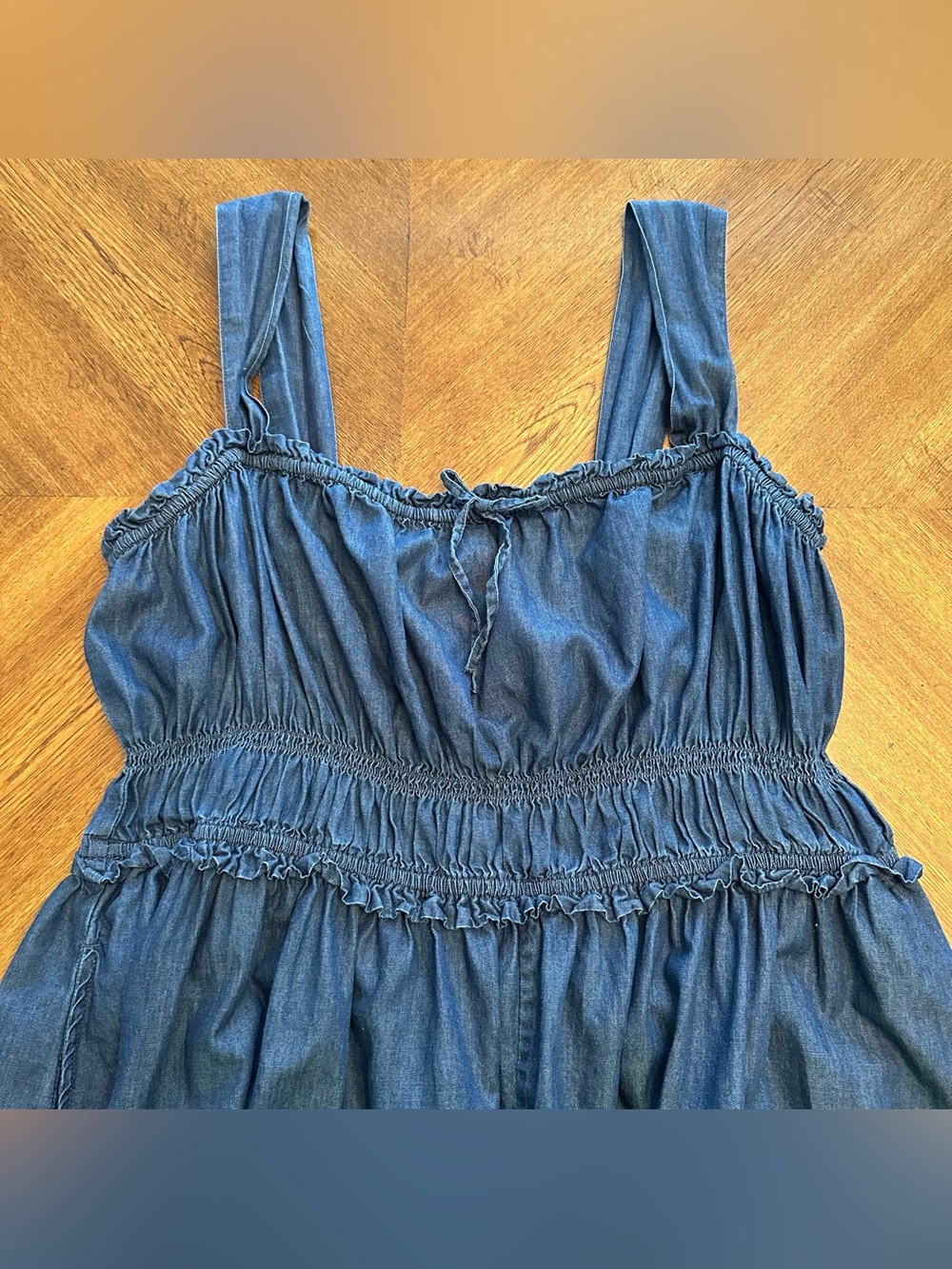 Gap Denim Milkmaid Cotton Western Smocked Tie Front Midi Casual Dress, Size XL - Picture 7 of 15